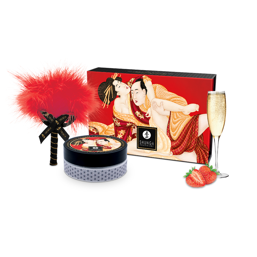 Sparkling Strawberry Wine flavored body powder with a red feather and champagne.