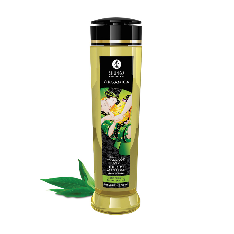 Shunga Organica edible massage oil in exotic green tea flavor.