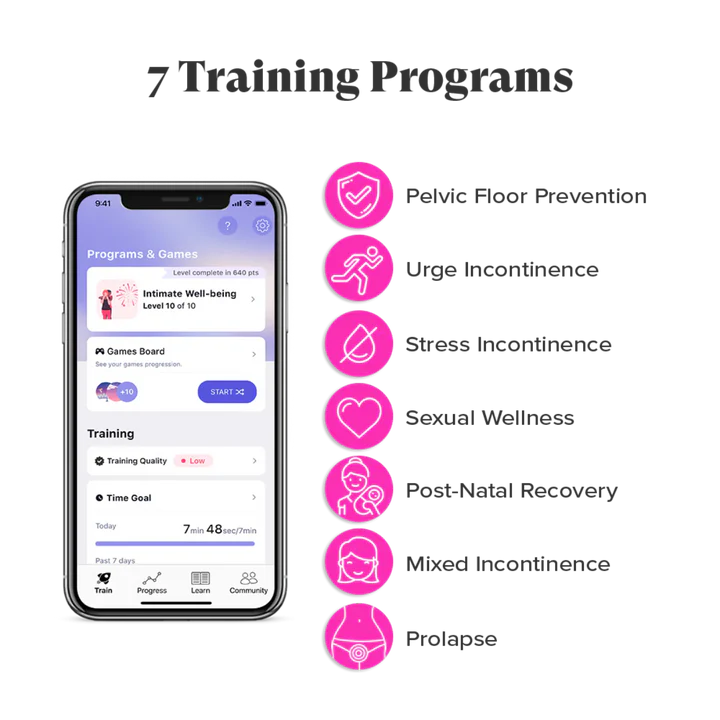A pink pelvic floor trainer app displays 7 training programs including Pelvic Floor Prevention and Sexual Wellness.