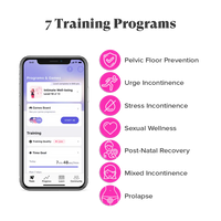 A pink pelvic floor trainer app displays 7 training programs including Pelvic Floor Prevention and Sexual Wellness.