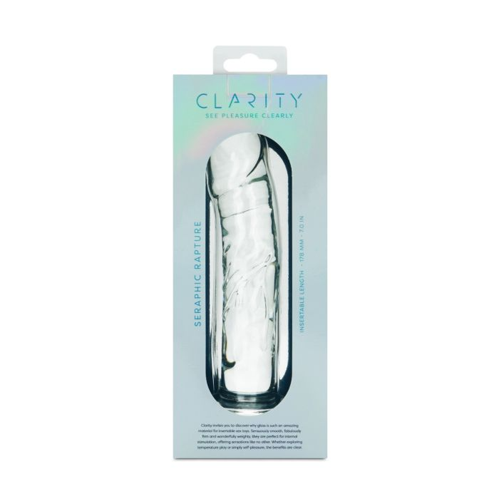 Clear glass dildo with a textured shaft in its packaging.