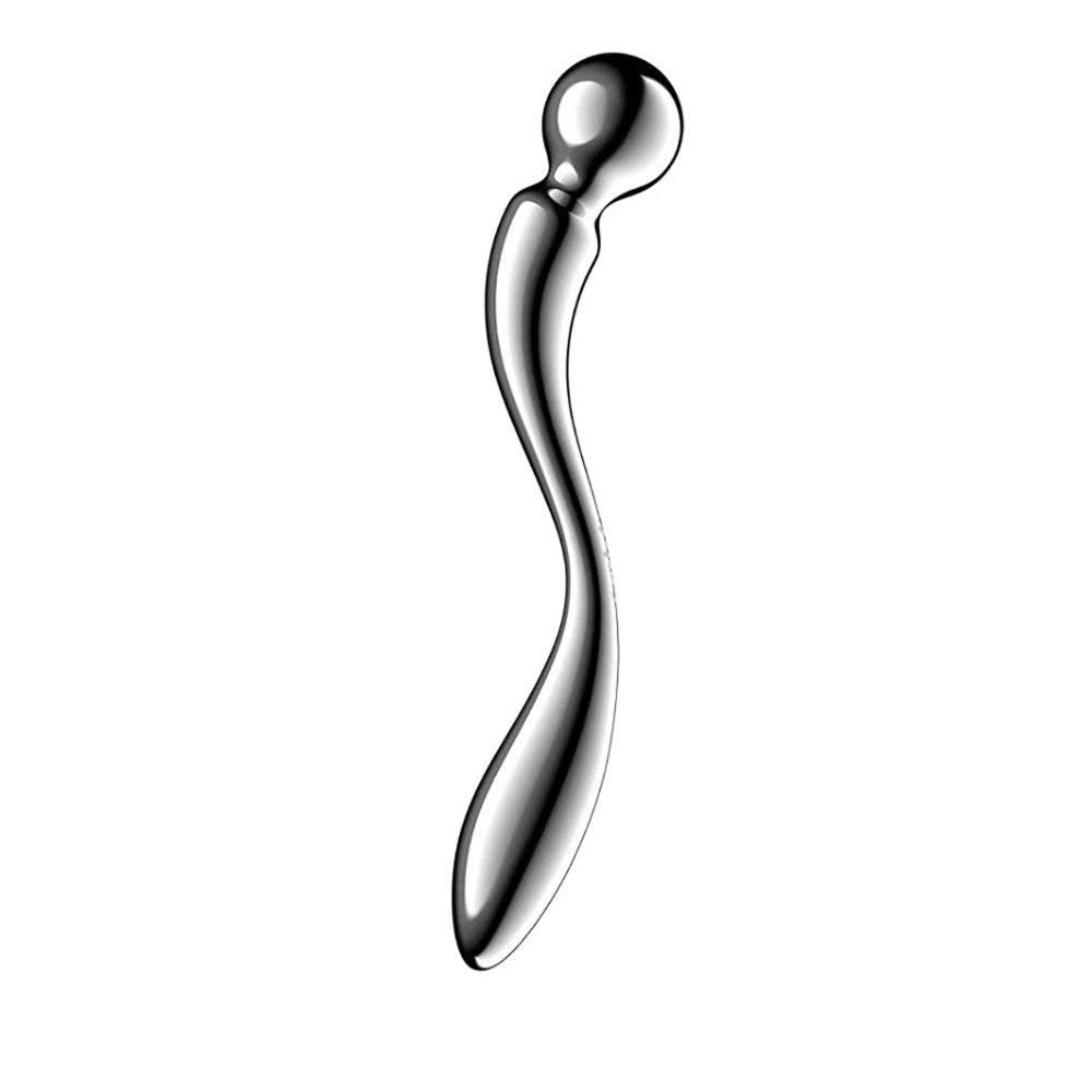 Curved stainless steel G-spot stimulator with a spherical tip.