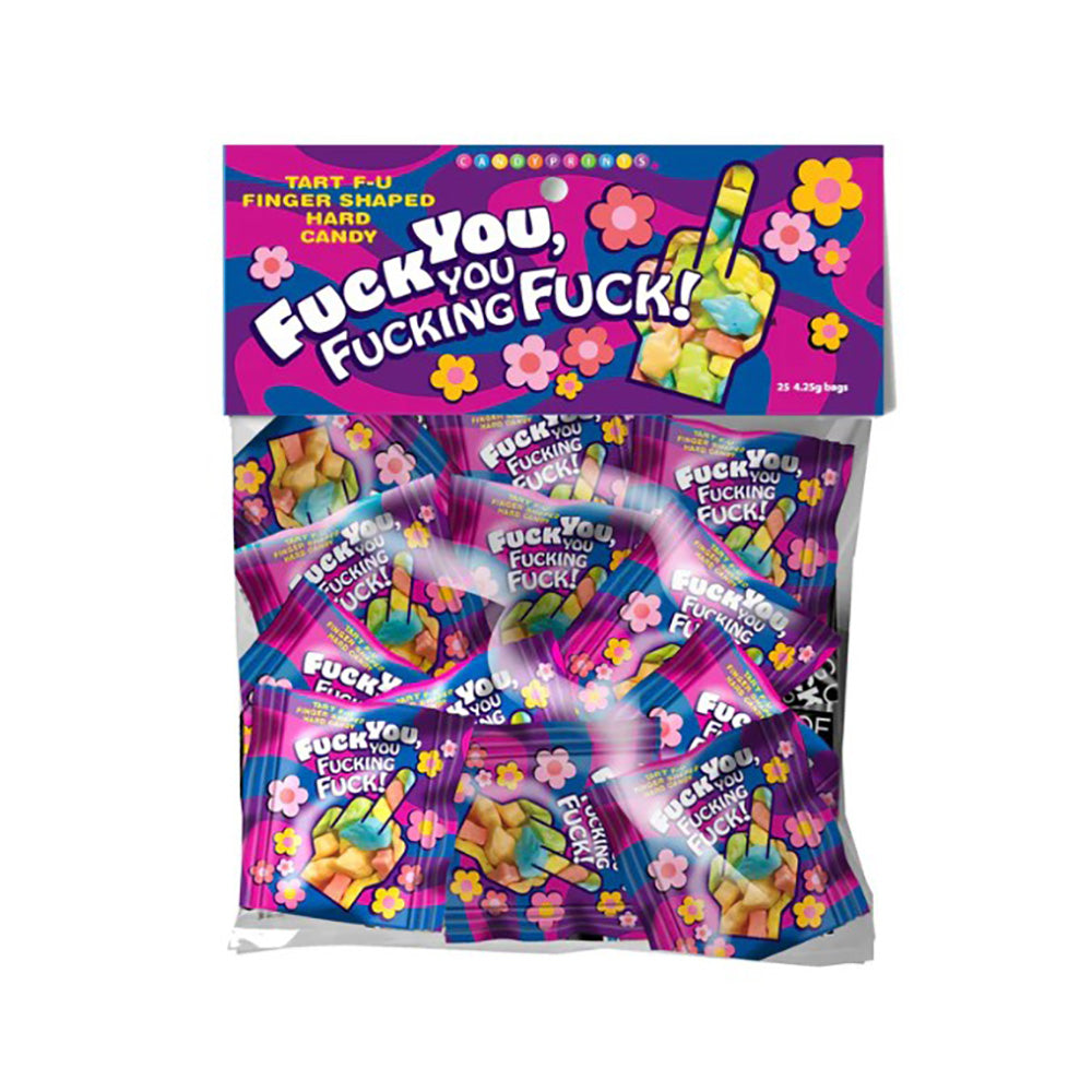 Bag of 25 mini bags of middle finger shaped novelty candy.