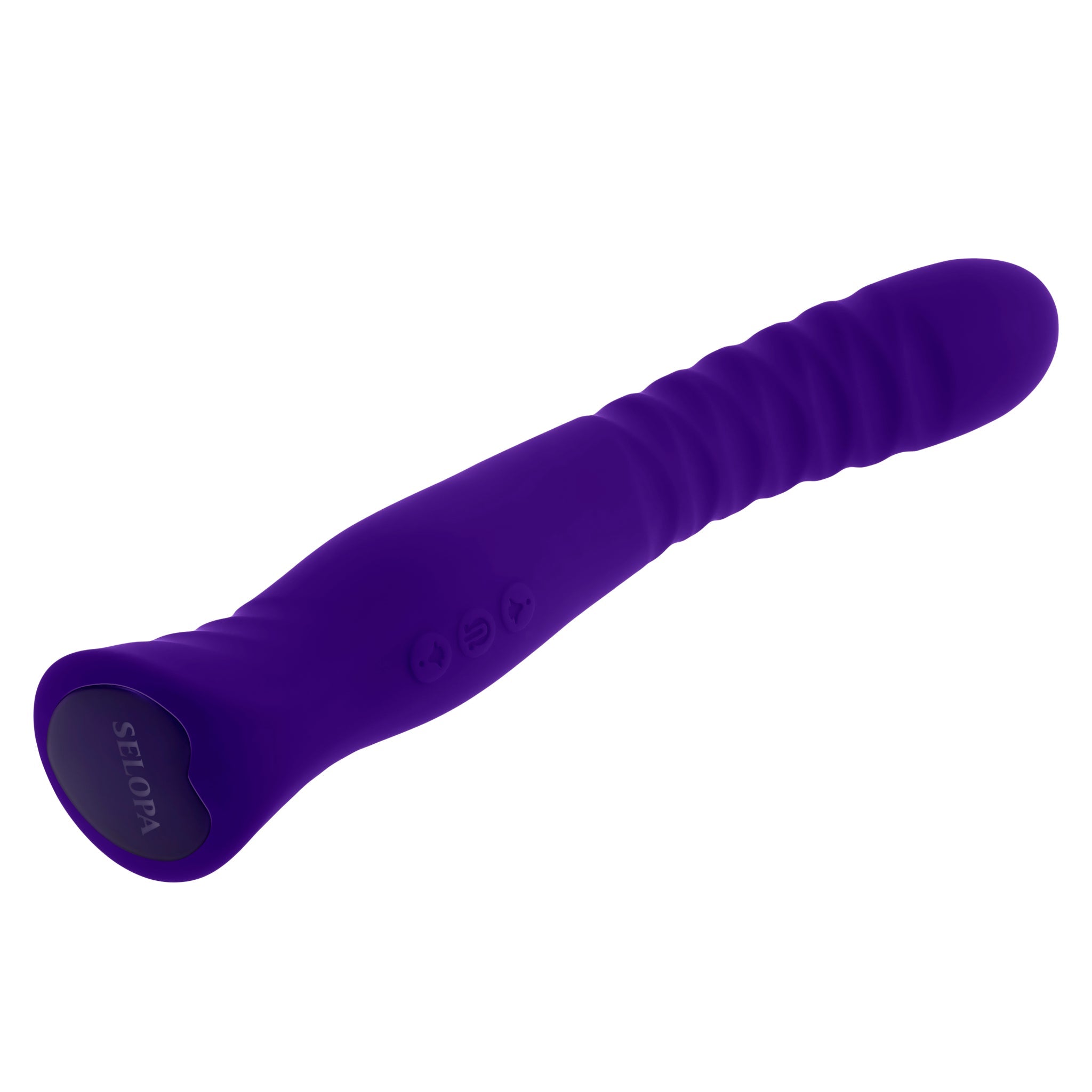 A purple textured silicone vibrator with three control buttons and the brand name SELOPA.