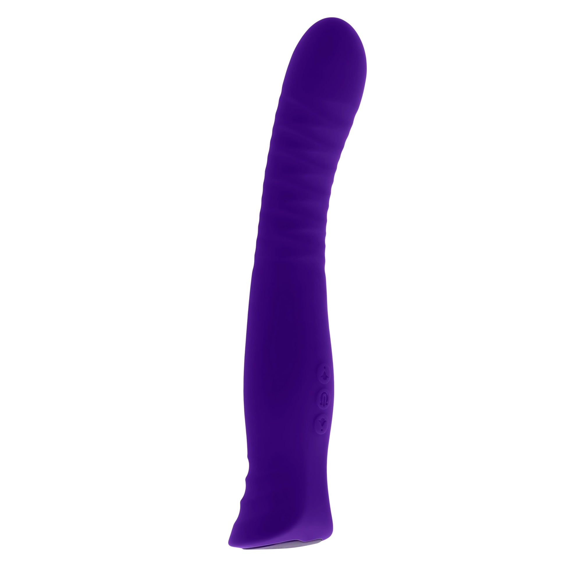 Purple textured silicone vibrator with arched shaft and charging port.