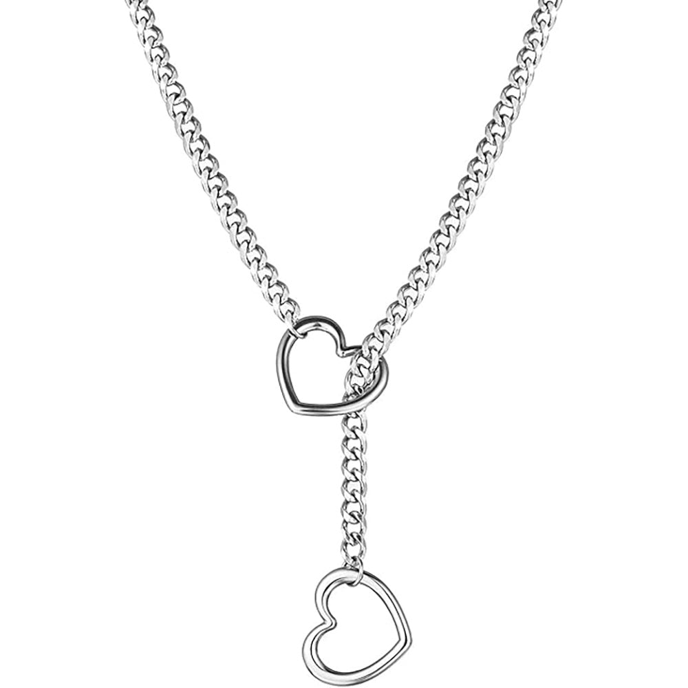Silver chain necklace with two heart-shaped charms.