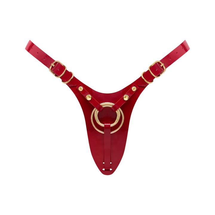 Red glossy leatherette harness with gold rings and adjustable straps.