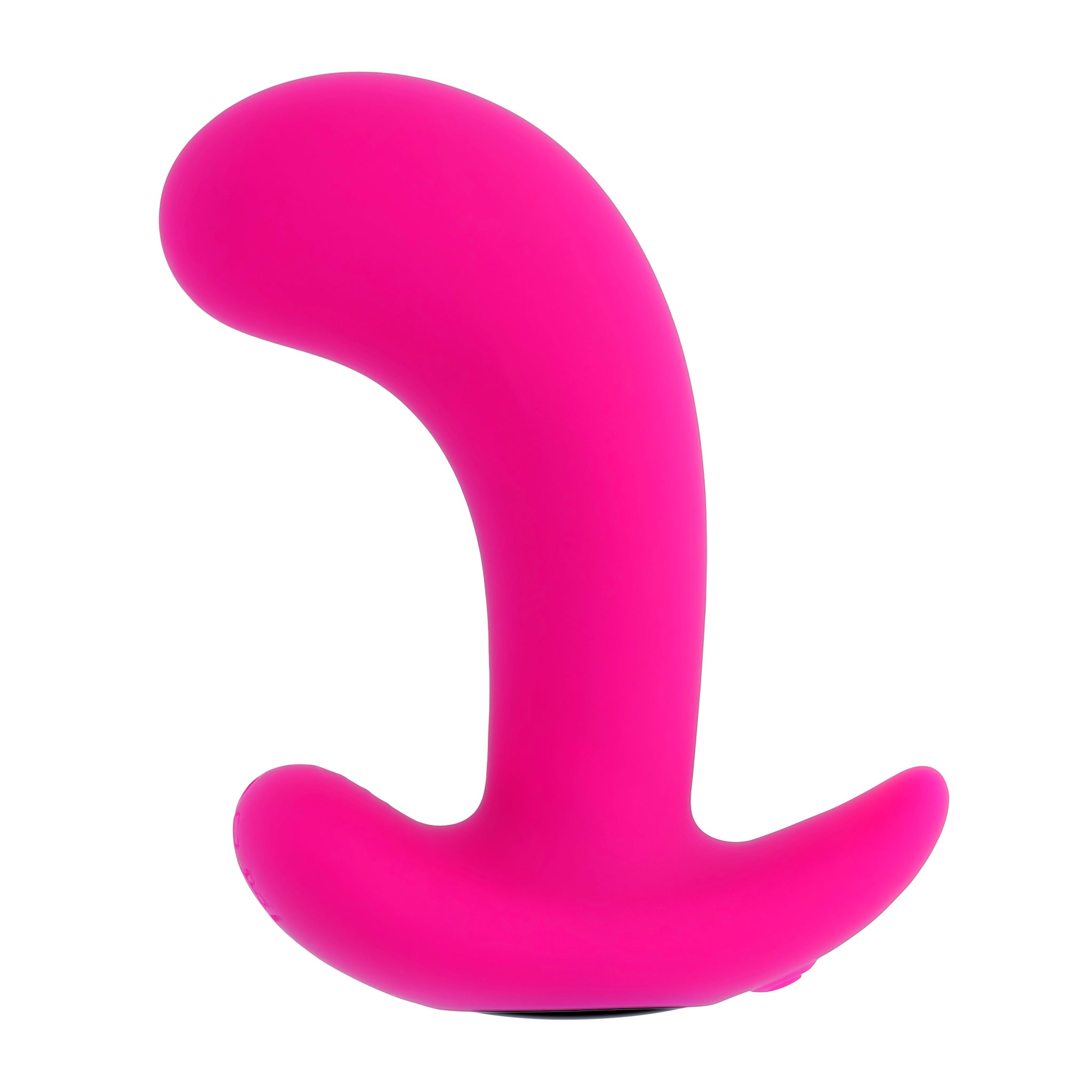 A bright pink, curved silicone prostate massager with a flared base.