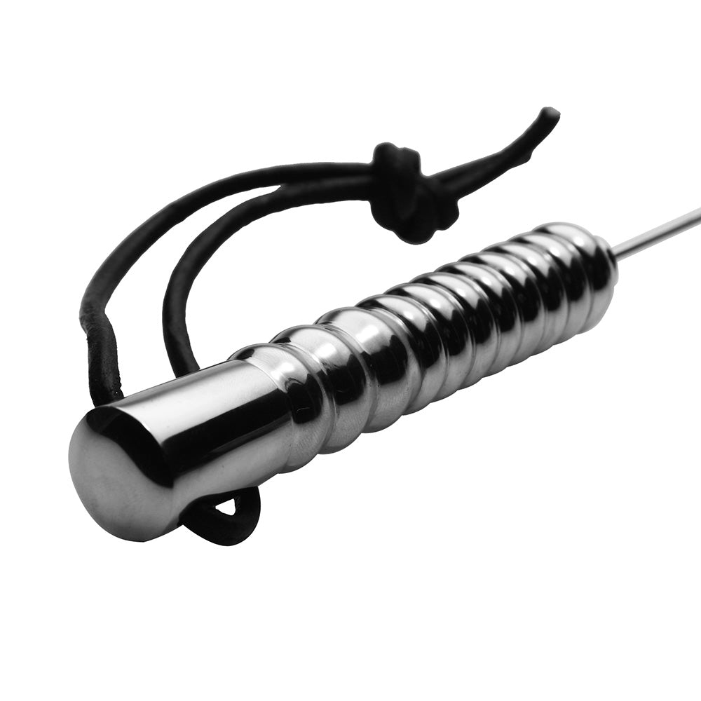 Stainless steel whipping rod with ribbed ergonomic handle and wrist loop.