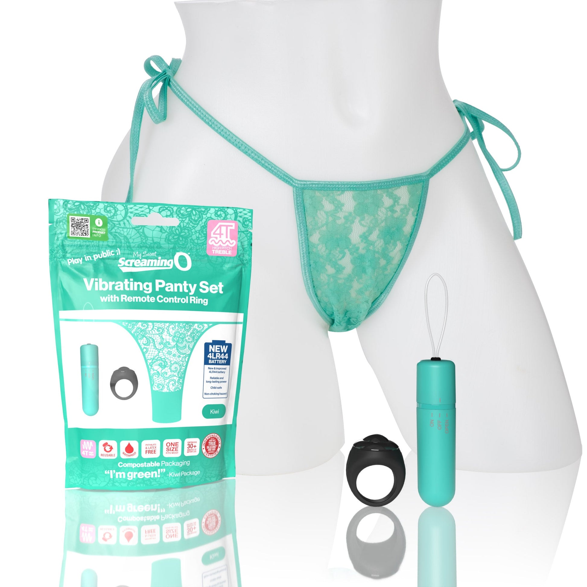 A teal lace thong with a remote-controlled bullet vibrator and ring.