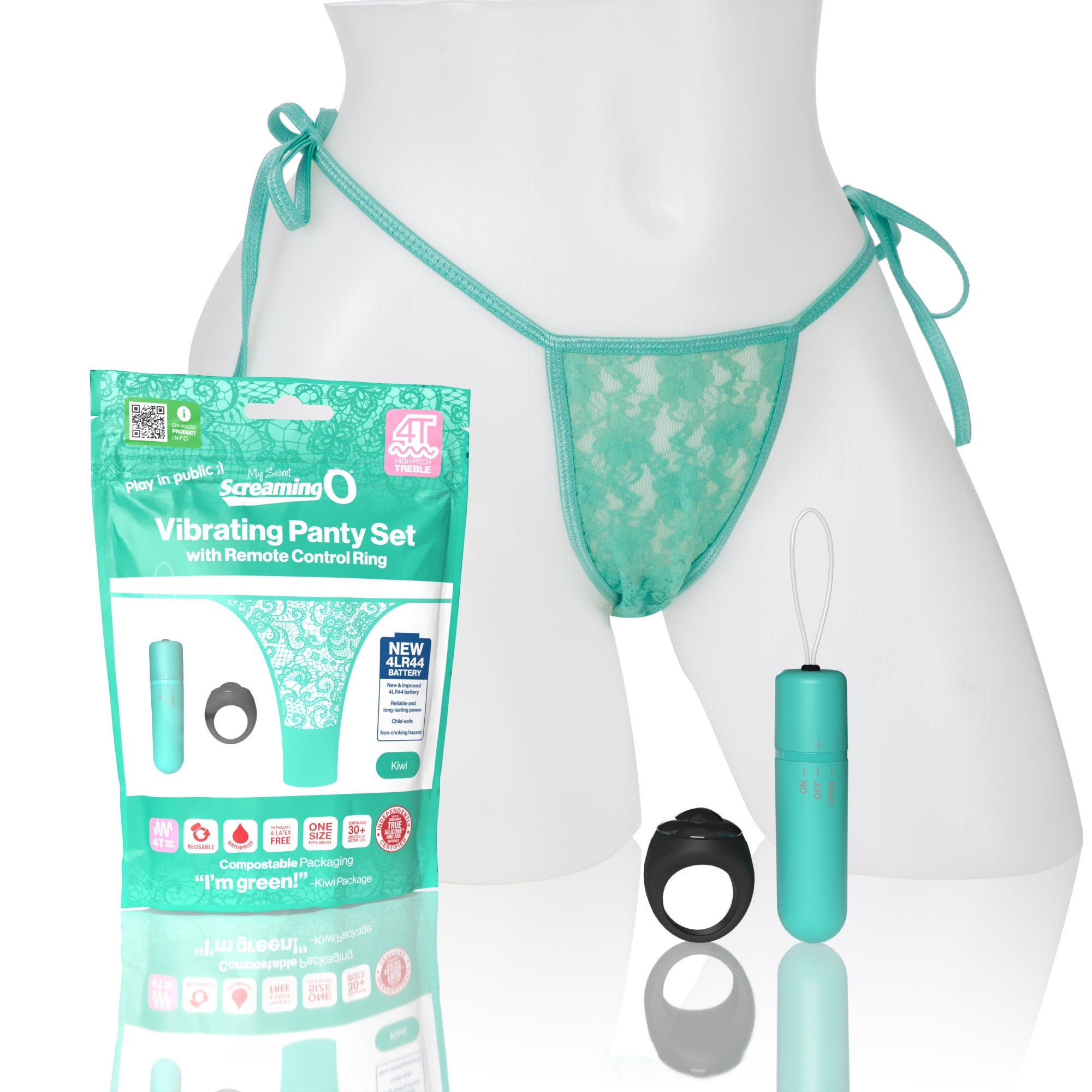 A teal lace thong with a remote-controlled bullet vibrator and ring.