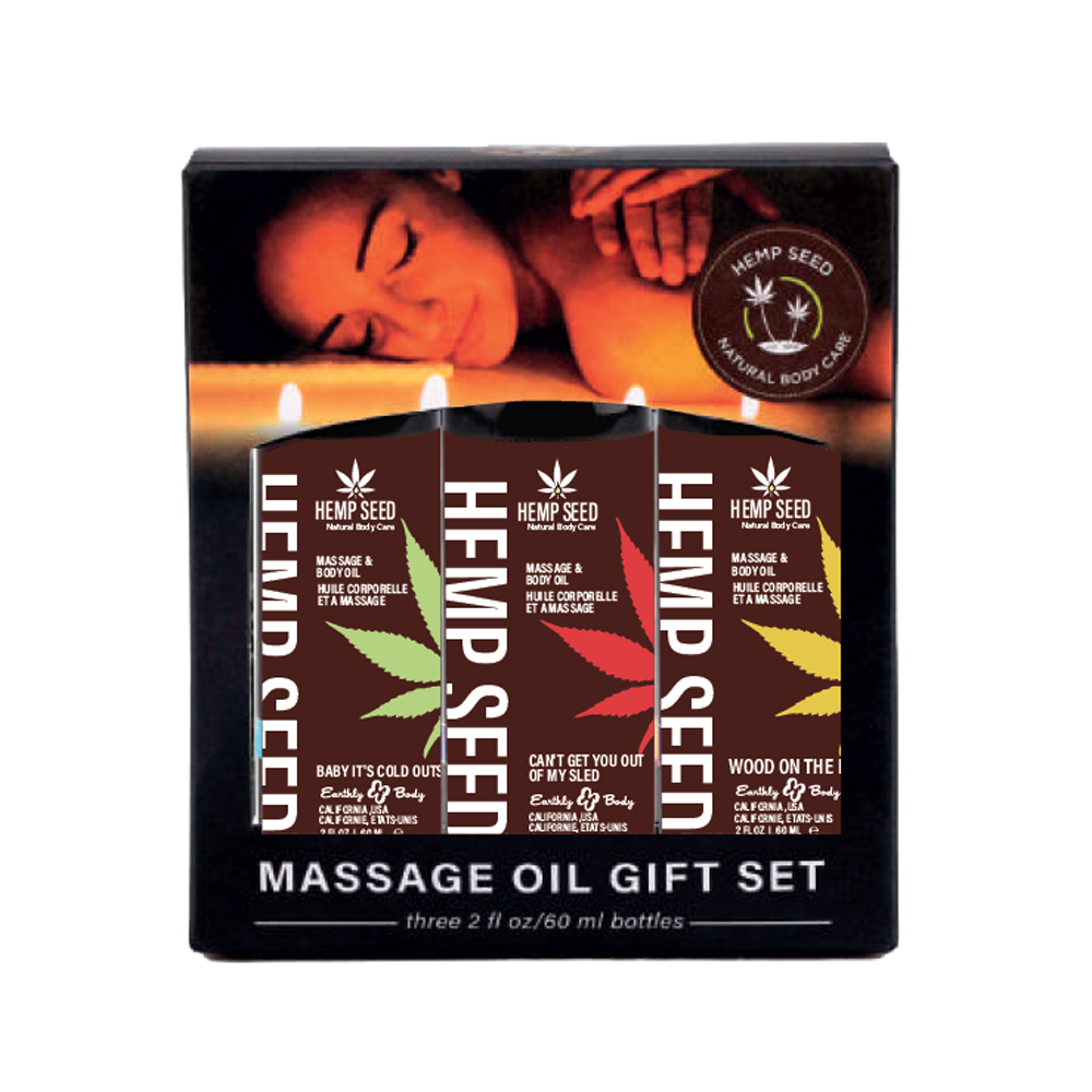 Hemp Seed Massage Oil Gift Set with three 2 oz bottles.