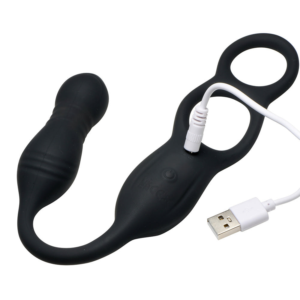 Black silicone remote-controlled anal plug with C-ring and taint stimulator.