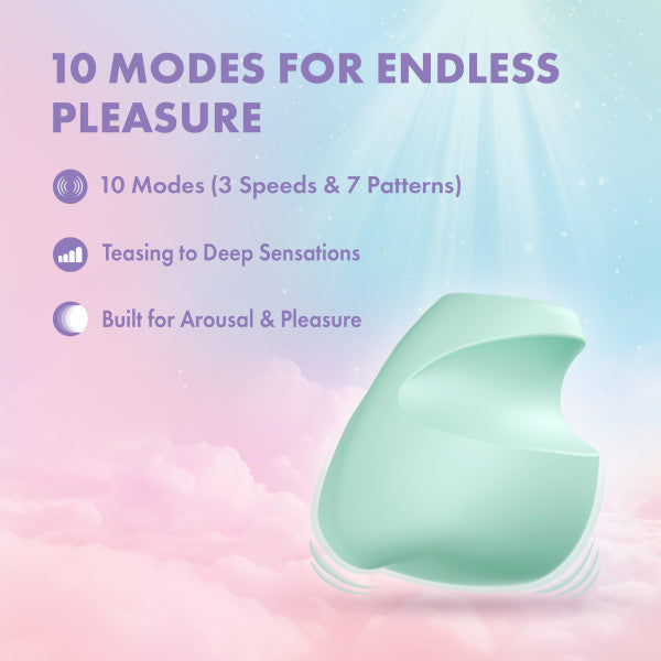 A mint green vibrator with text describing 10 modes for pleasure.