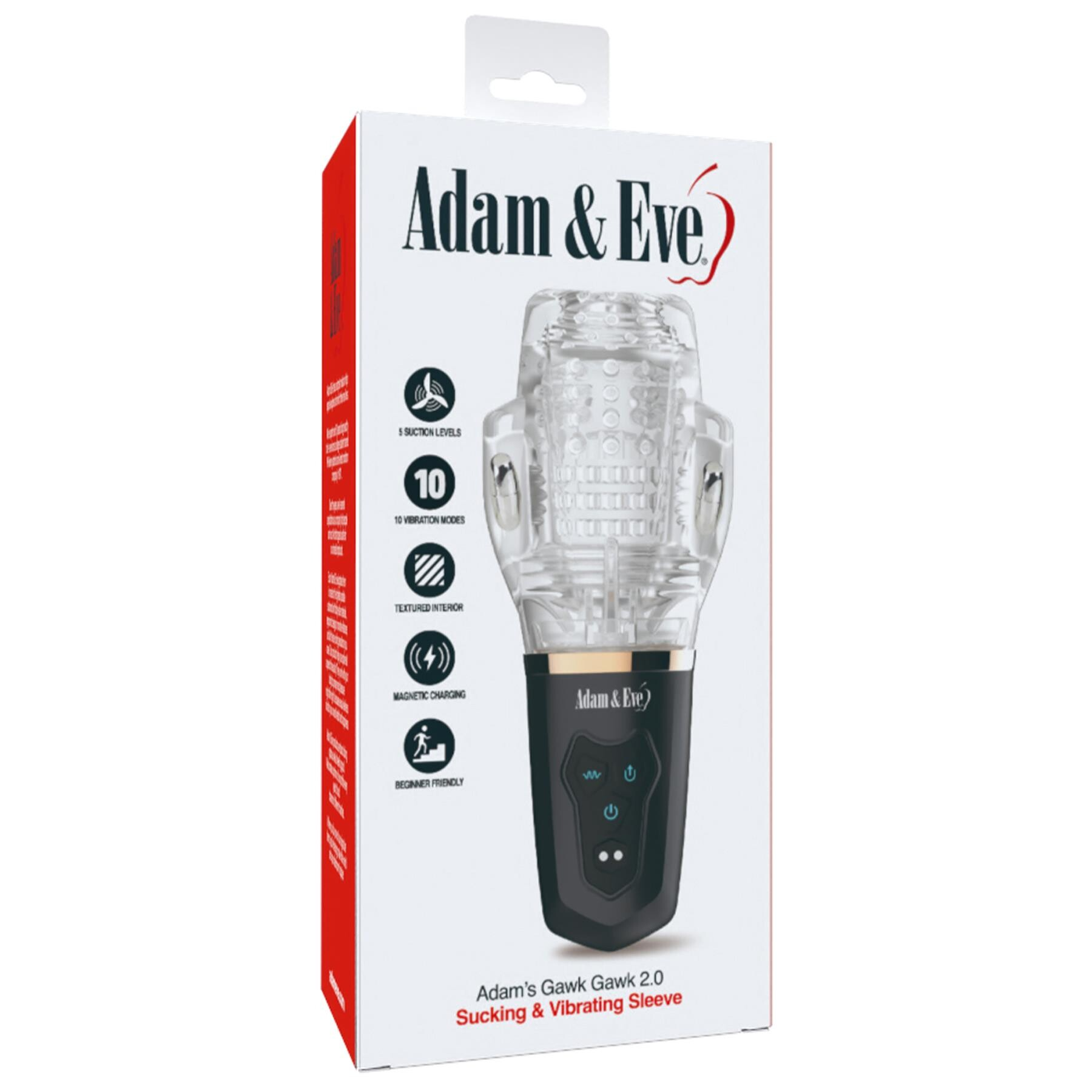 Adam & Eve Gawk Gawk 2.0 sucking and vibrating sleeve with 5 suction levels and 10 vibration modes.