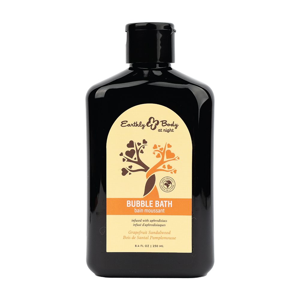Black bottle of Earthly Body Grapefruit Sandalwood bubble bath.