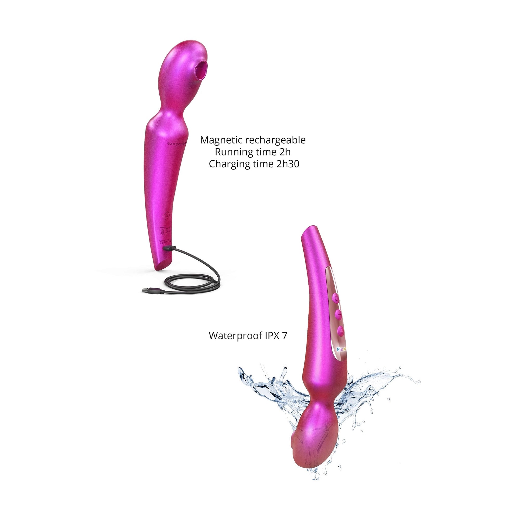 Pink flapping wand vibrator with USB charging and waterproof IPX7 rating.