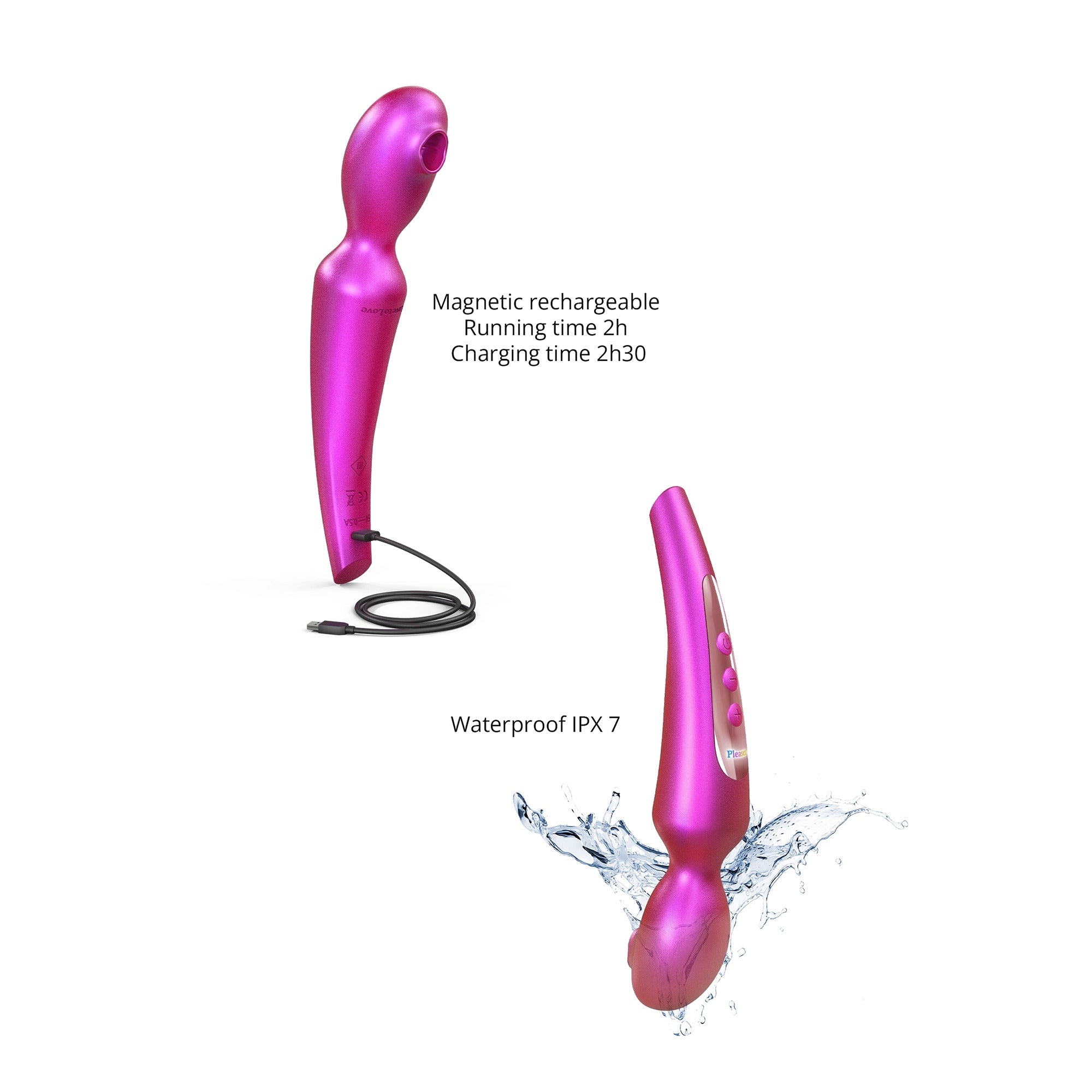 Pink flapping wand vibrator with USB charging and waterproof IPX7 rating.