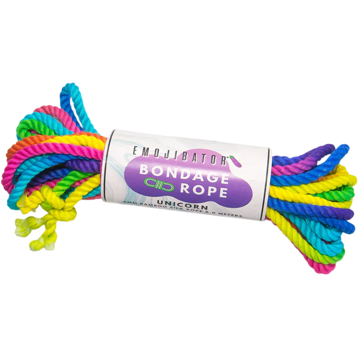 Rainbow bamboo silk bondage rope with a unicorn label.