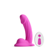 Pink curved 5-inch vibrating dildo with textured shaft, balls, and white wireless remote.