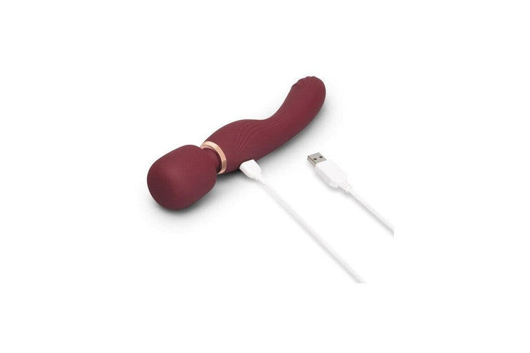 Maroon vibrating wand with USB charging cable.