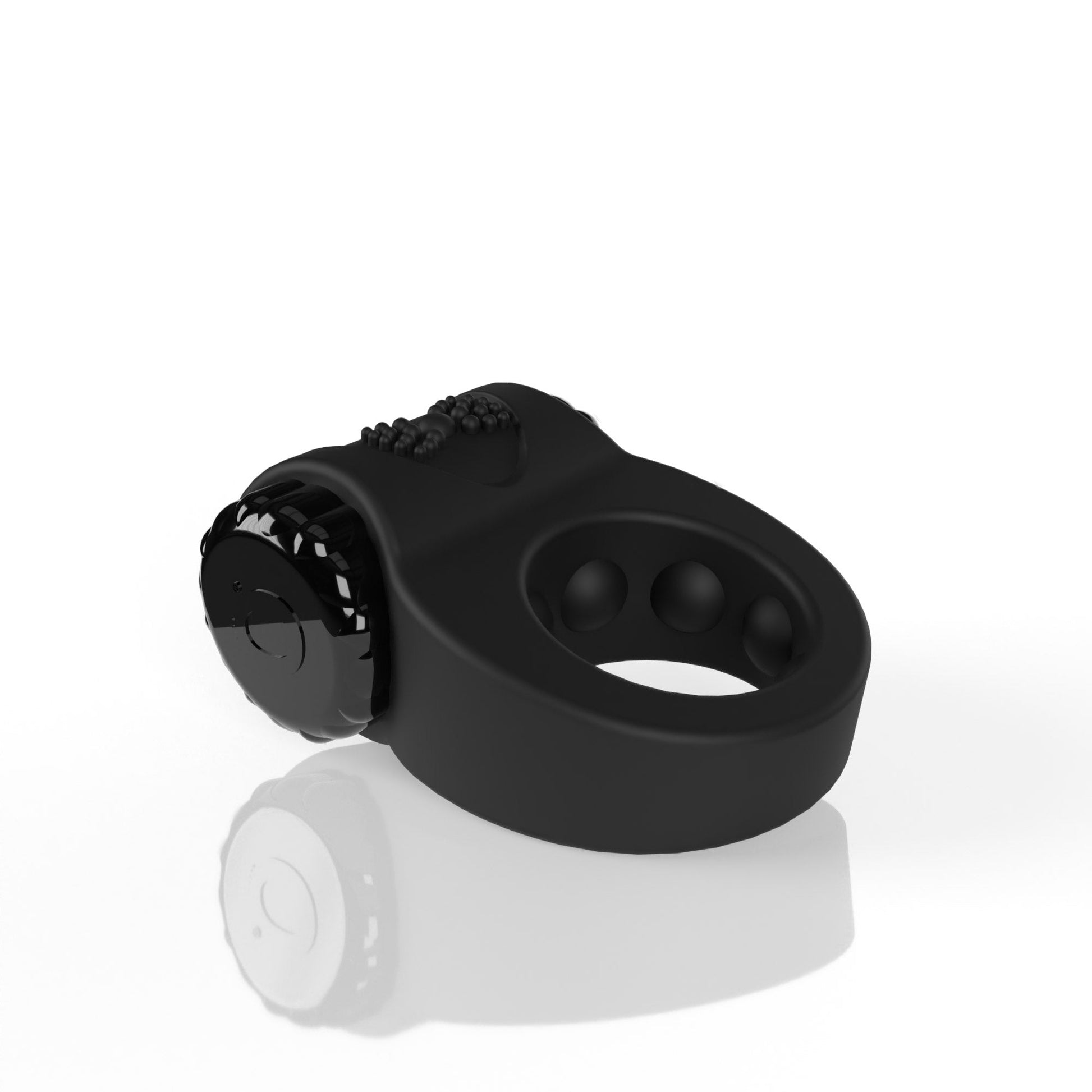 Black rechargeable silicone vibrating ring with textured surface and multiple inner bumps.
