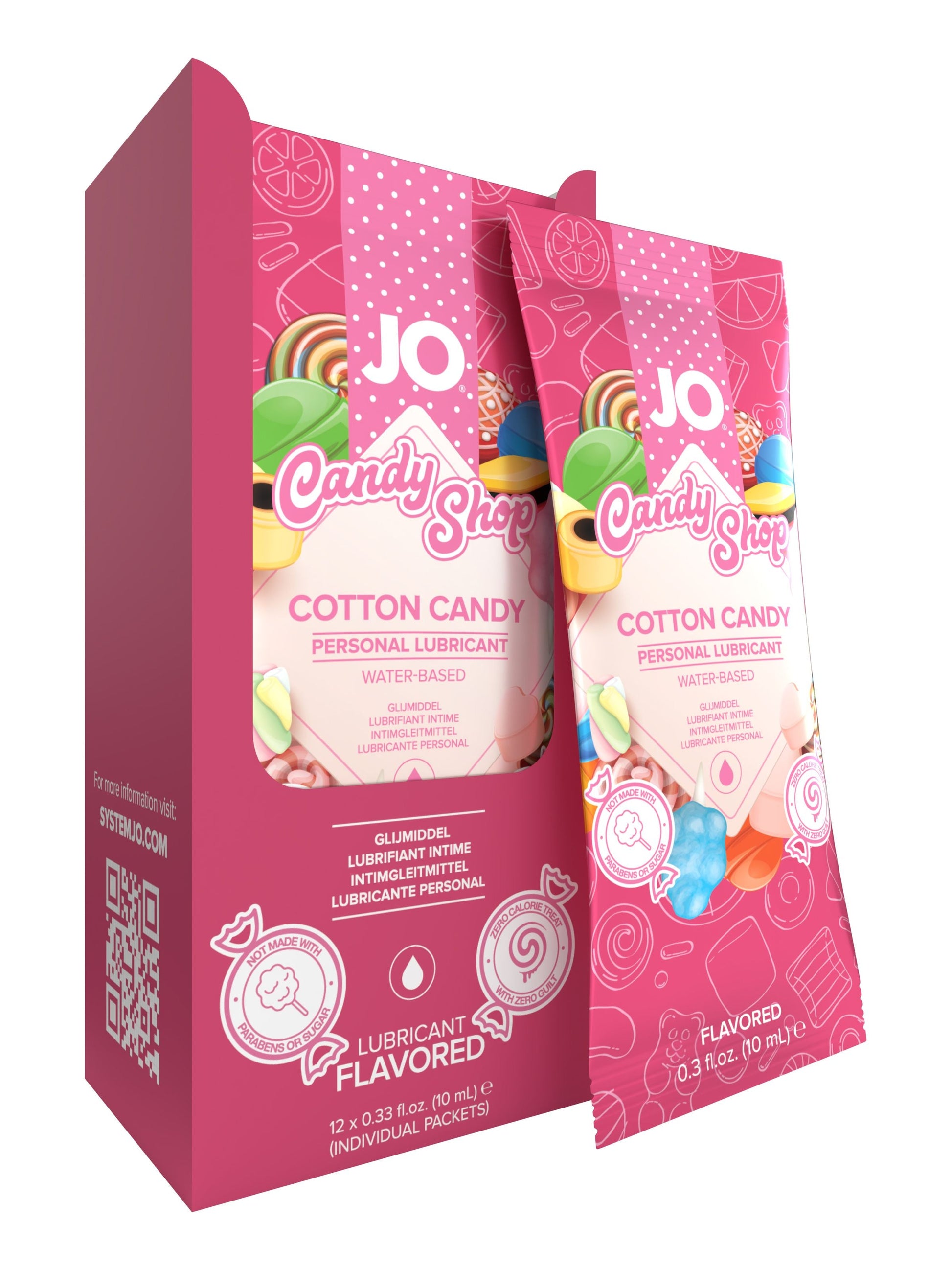 JO Cotton Candy flavored water-based lubricant foil packets.