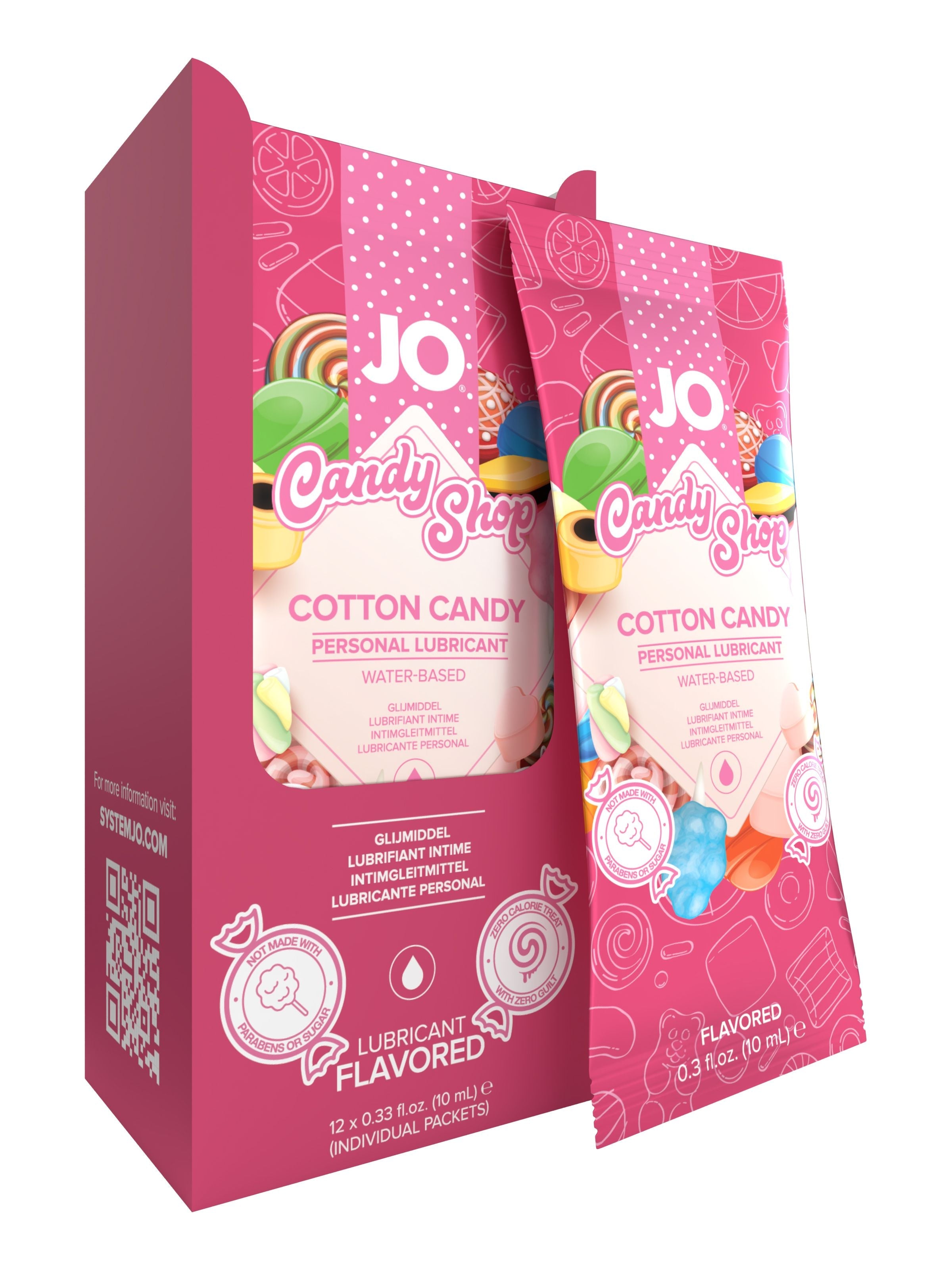 JO Cotton Candy flavored water-based lubricant foil packets.
