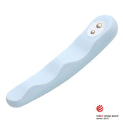 A light blue, flexible silicone vibrator with a wave design and two gold buttons.