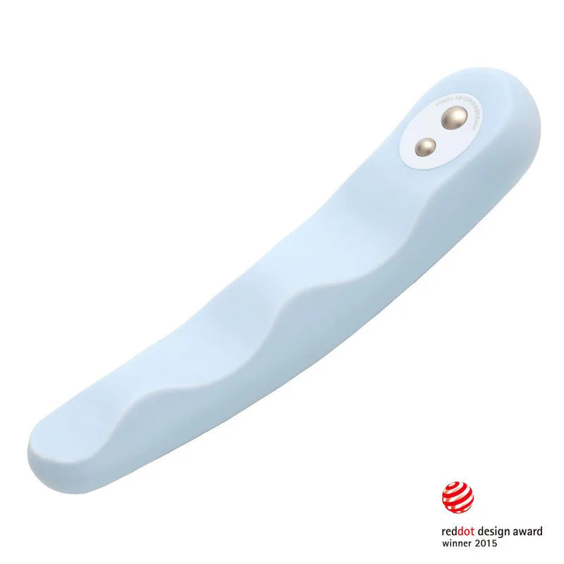 A light blue, flexible silicone vibrator with a wave design and two gold buttons.