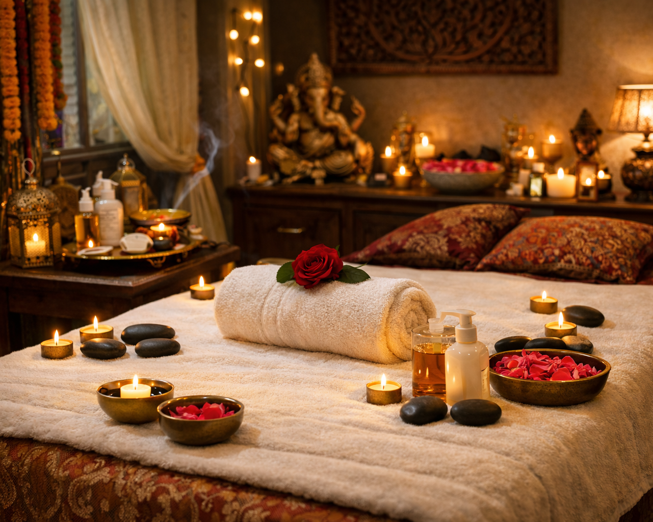 Relaxation room with massage table, candles, and decorative items.
