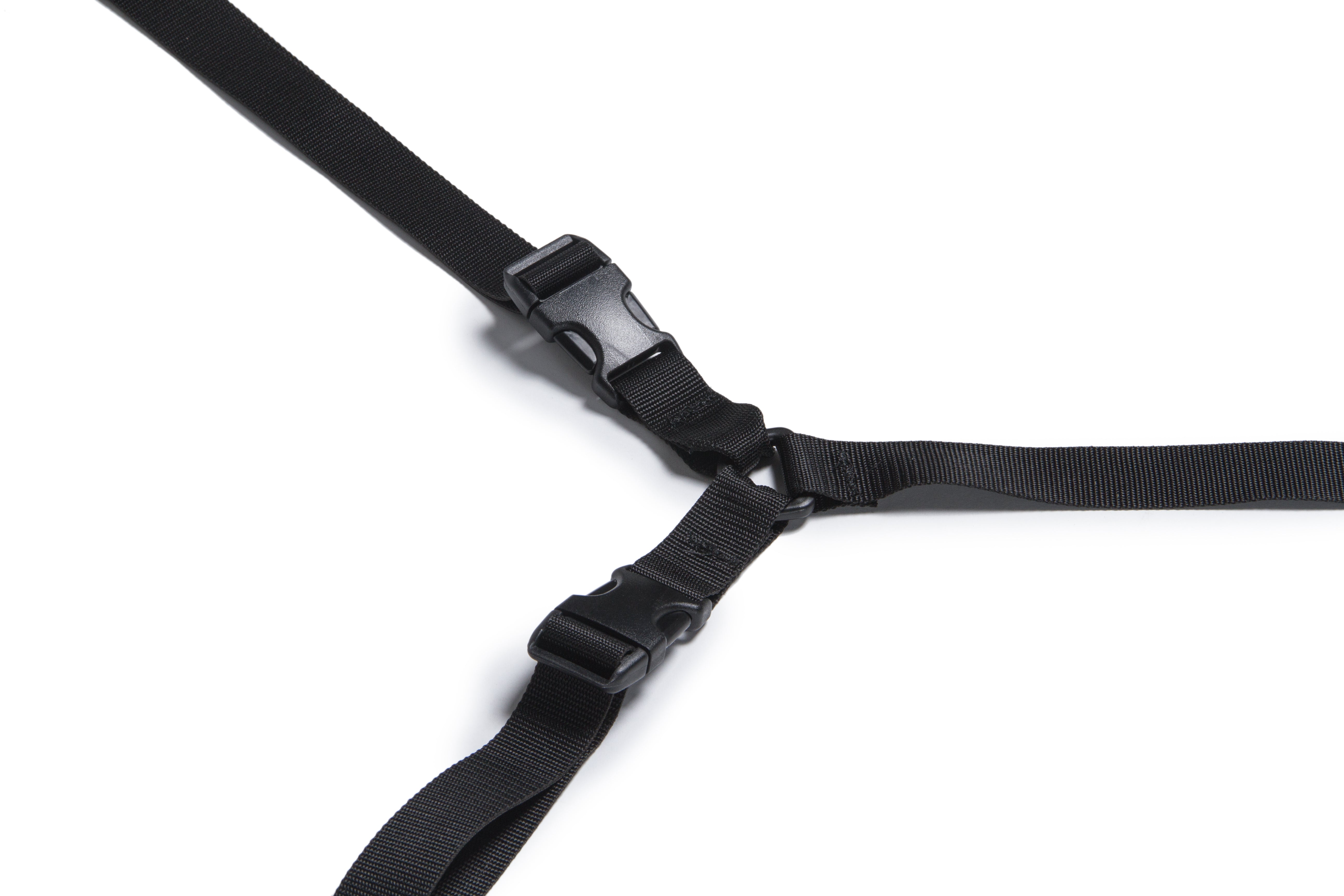 Black nylon straps and buckles for a bed restraint system.