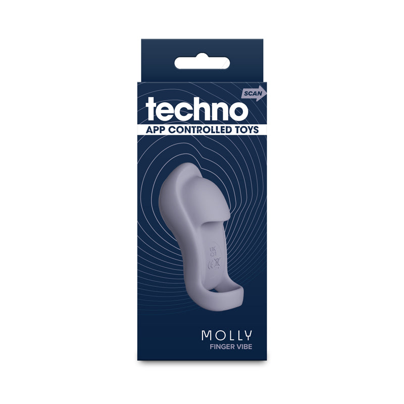 Gray app-controlled finger vibrator in its box packaging.