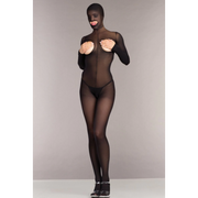 Black opaque hooded cupless bodystocking with a thong bottom.