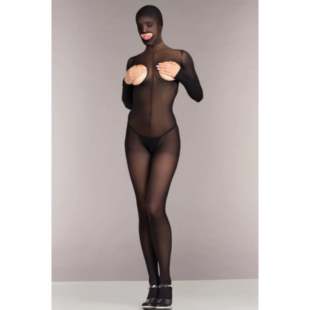 Black opaque hooded cupless bodystocking with a thong bottom.