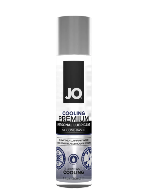 JO Cooling Premium personal lubricant in a clear bottle with a silver cap.