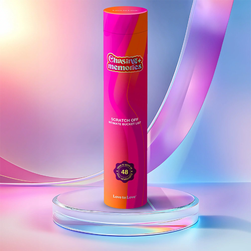 A cylindrical tube with "Chasing Memories" and "Scratch Off Intimate Bucket List" on it.