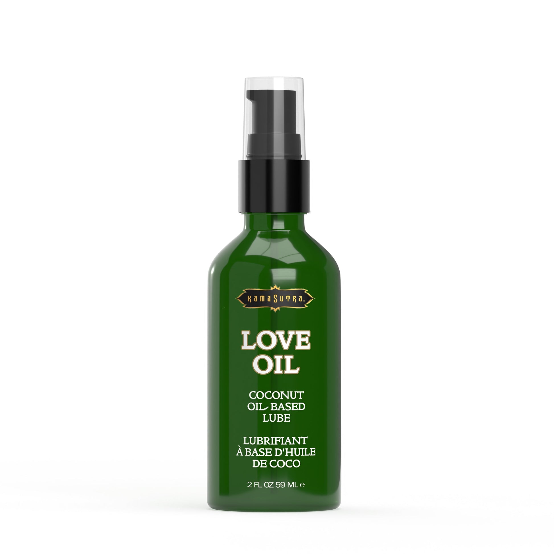 Kama Sutra Love Oil, a 2 fl oz coconut oil-based lubricant in a green pump bottle.