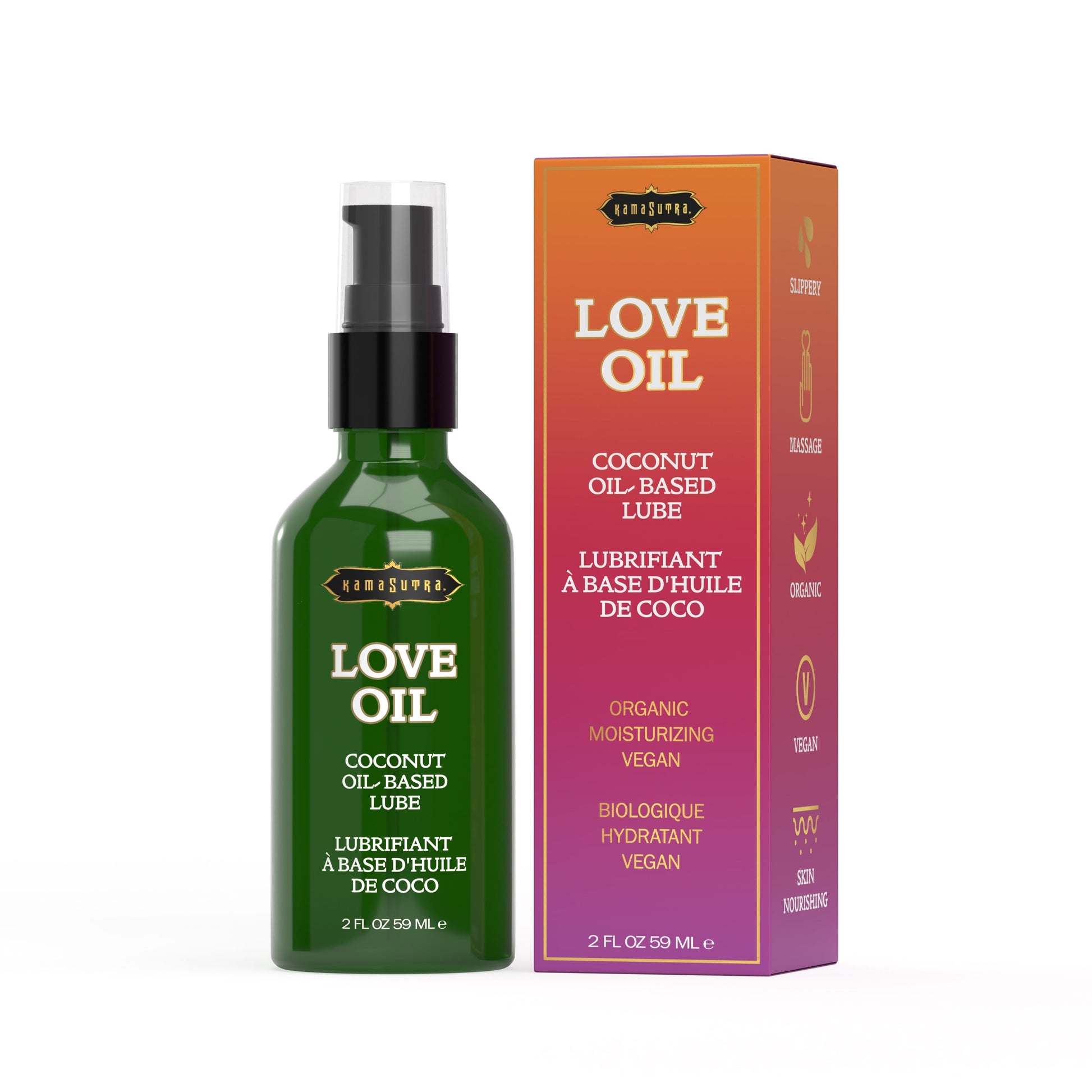 Kama Sutra Love Oil, a 2 fl oz organic coconut oil-based lubricant.