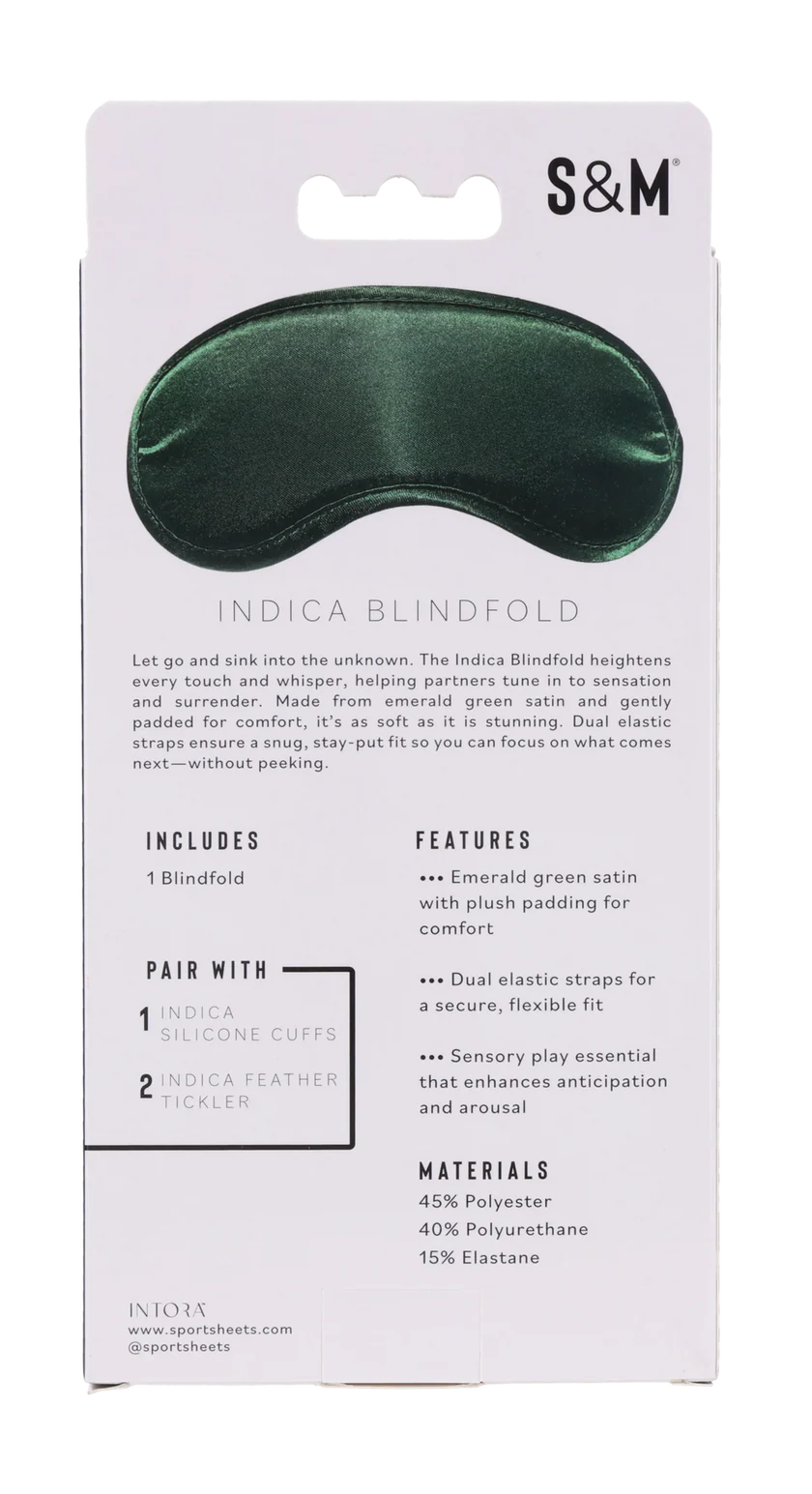 Emerald green satin blindfold with dual elastic straps.