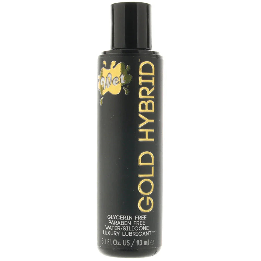 Wet Gold Hybrid water and silicone lubricant in a black bottle.
