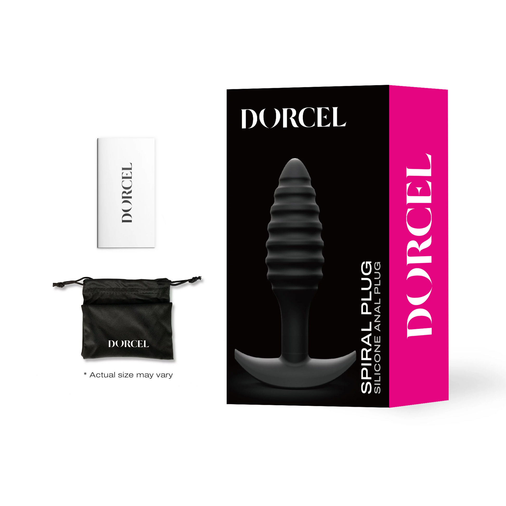 Dorcel spiral silicone anal plug with storage pouch and product booklet.