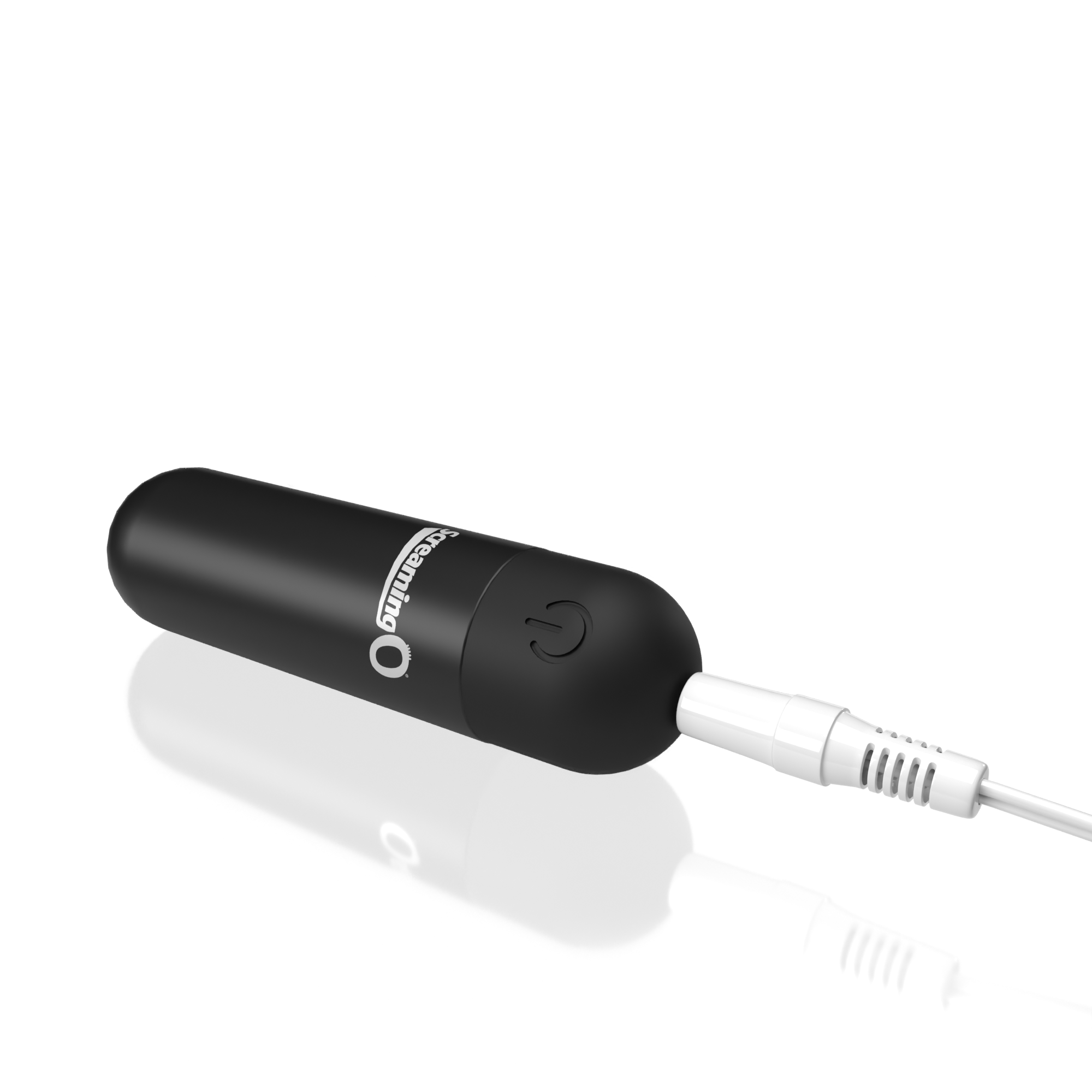 Black rechargeable bullet vibrator with power button and white charging cable.