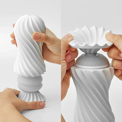 White reusable spiral stroker being assembled by hands.