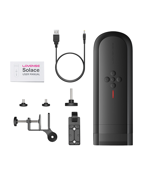 Lovense Solace app-controlled male masturbator with accessories.