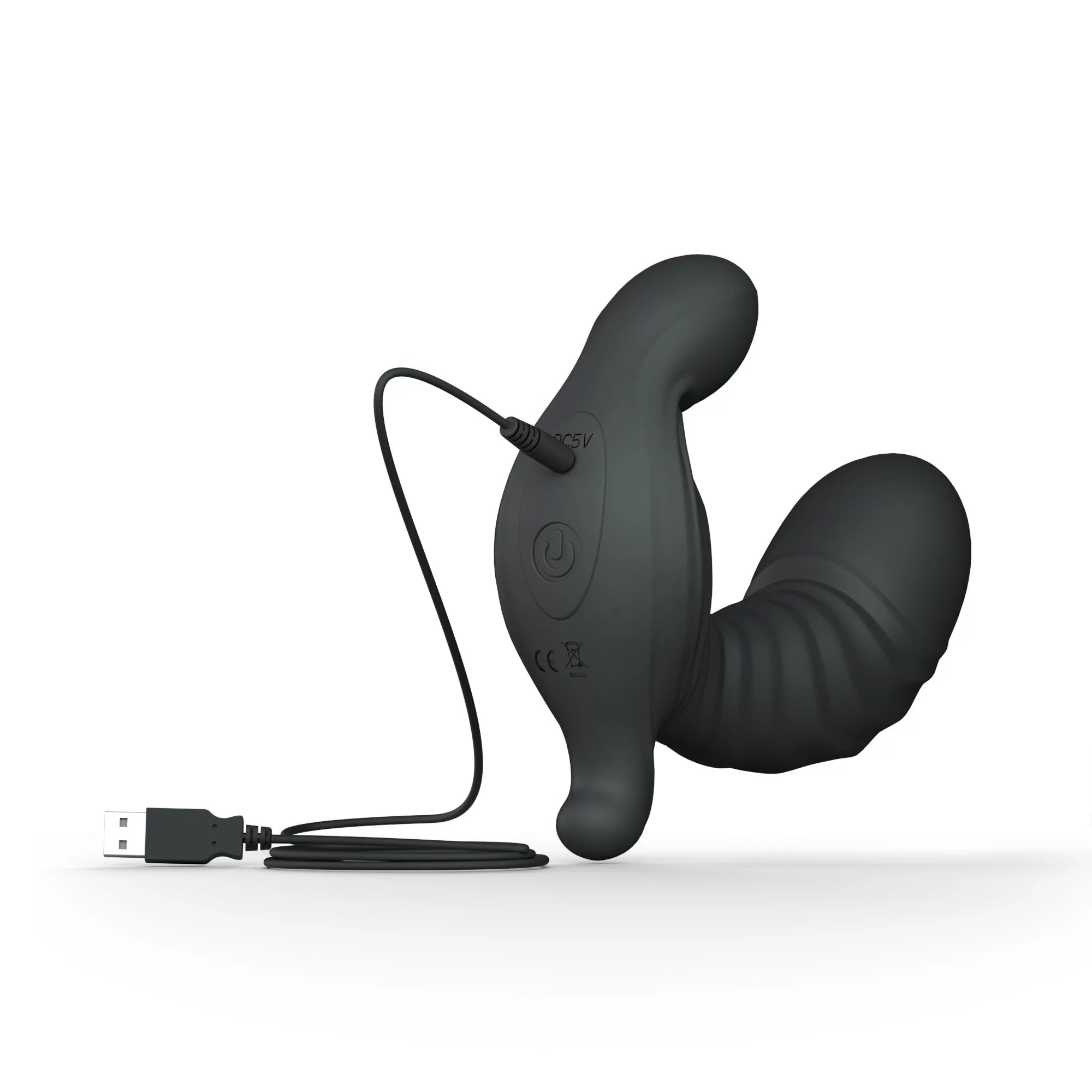Black inflatable silicone vibrator with USB charging cable.