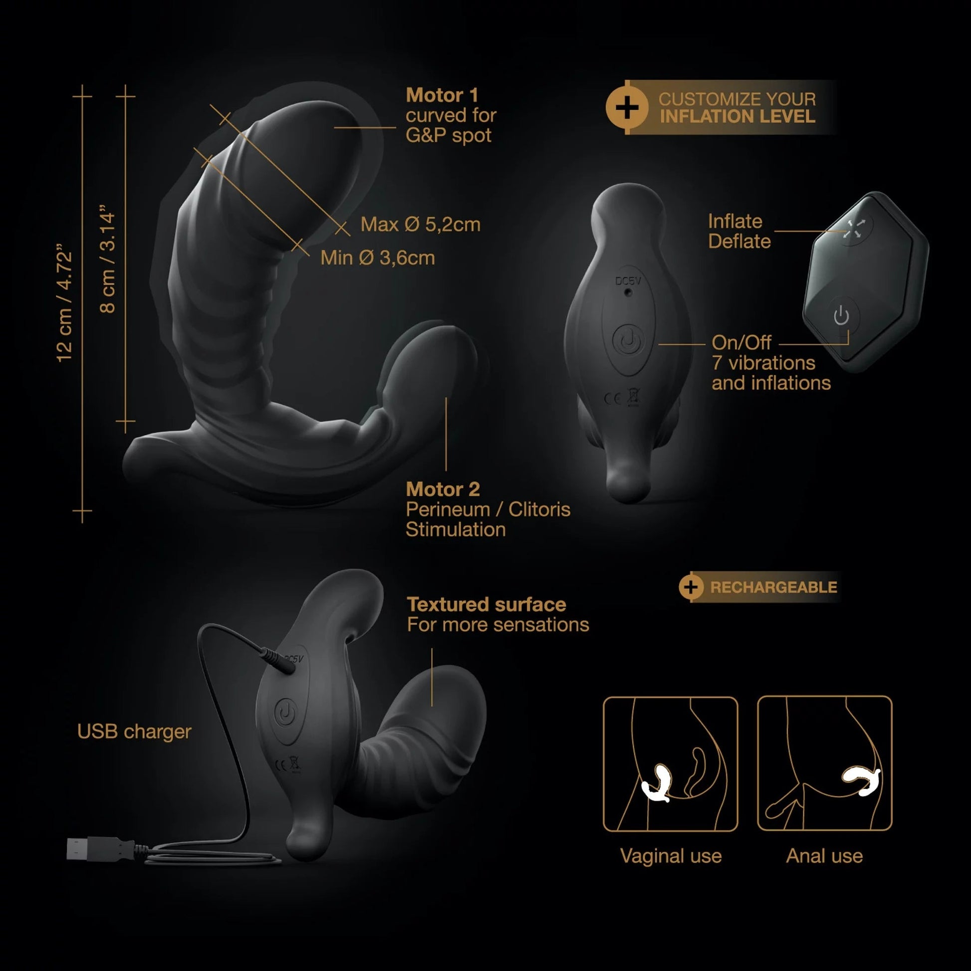 Inflatable silicone vibrator with remote, dual motors, and textured surface.