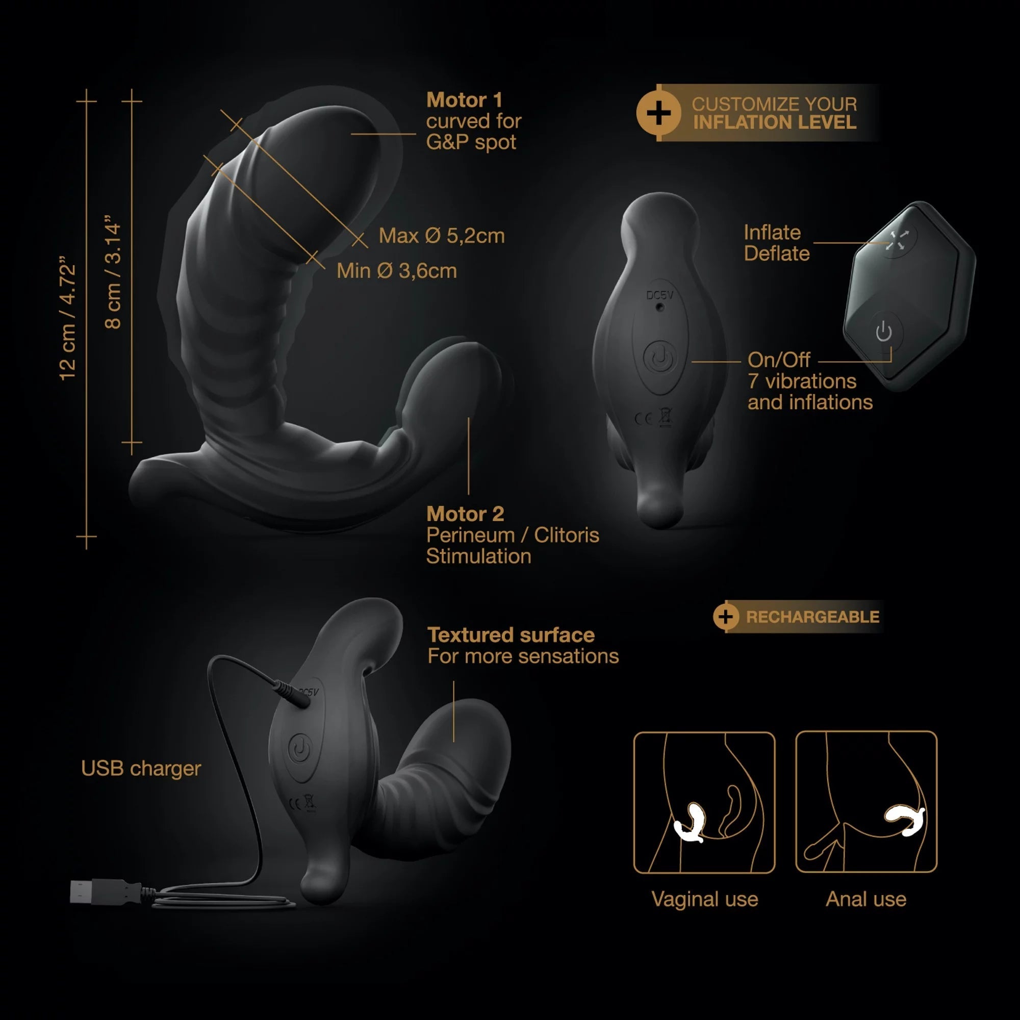 Inflatable silicone vibrator with remote, dual motors, and textured surface.