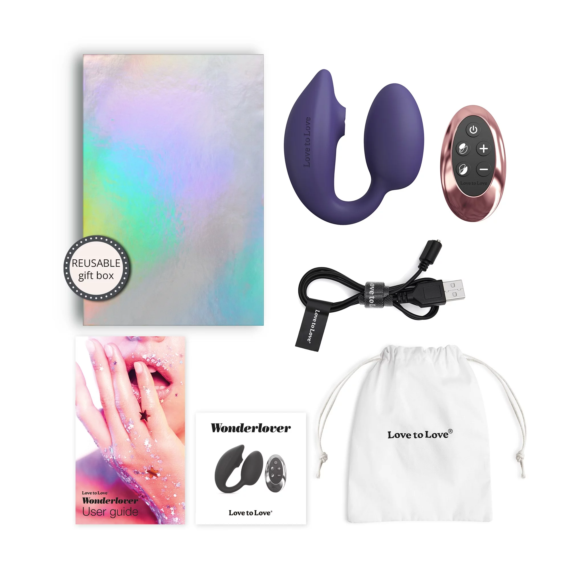 Wonderlover dual G-spot and clitoral stimulator with remote, charging cable, storage bag, and user guide.