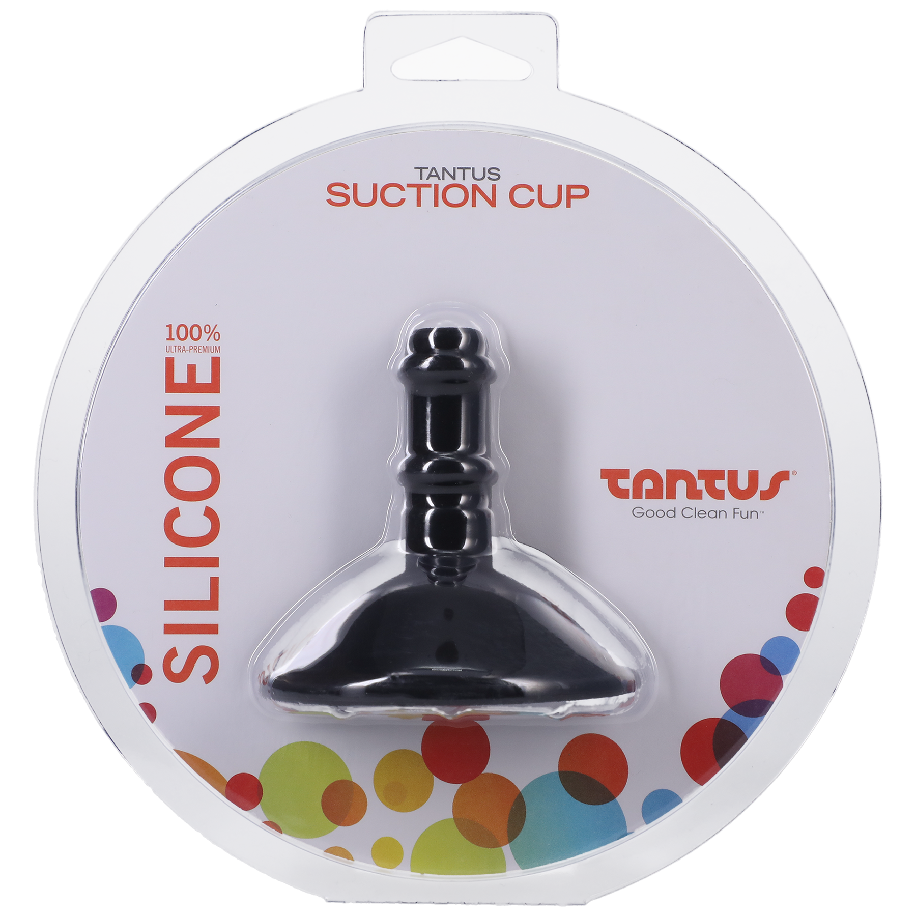Black silicone suction cup accessory for vibrator toys in packaging.